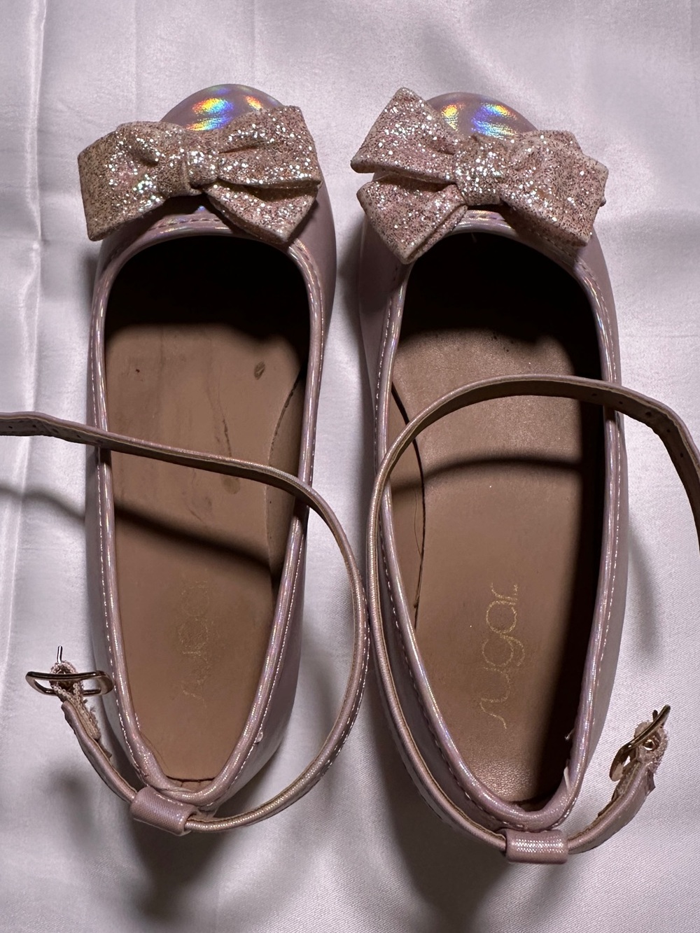 Sugar Girls Pink Iridescent Glitter Bow Ballet Flats Shoes Size 1